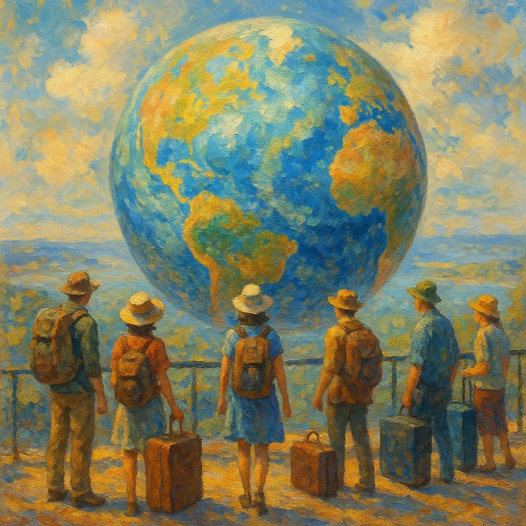 Eine Gruppe Menschen, mit dem Rücken zugewandt, steht an einem Geländer. In der Ferne betrachten Sie die Welt als Globus. Das Bild ist im impressionistischen Stil gehalten.