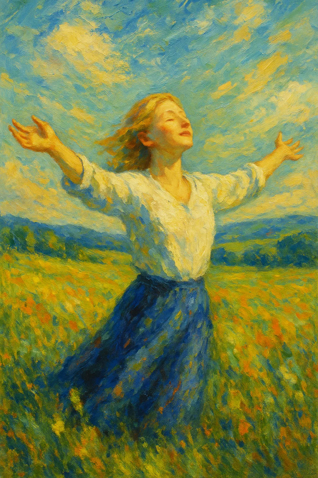 Eine Frau auf einem Feld streckt die Arme glücklich in die Luft. Das Bild ist im impressionistischem Stil gehalten.